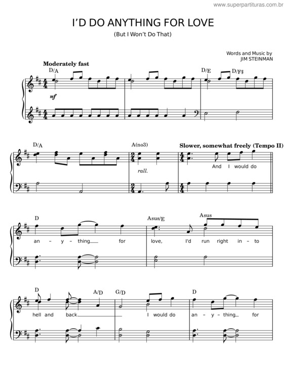 Partitura da música I`D Do Anything For Love – Jim Steinman