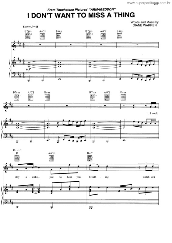 Partitura da música I Don`t Want To Miss A Thing v.9