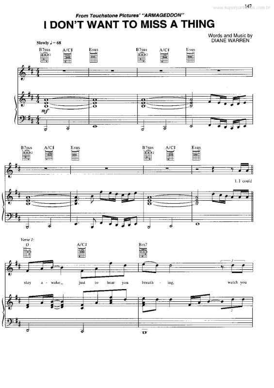 Partitura da música I Don`t Want To Miss a Thing