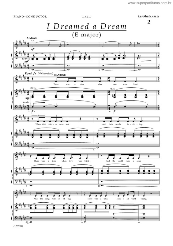 Partitura da música I dreamed a dream (E maior)