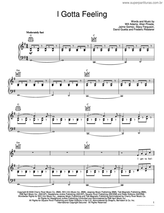 Partitura da música I Gotta Feeling