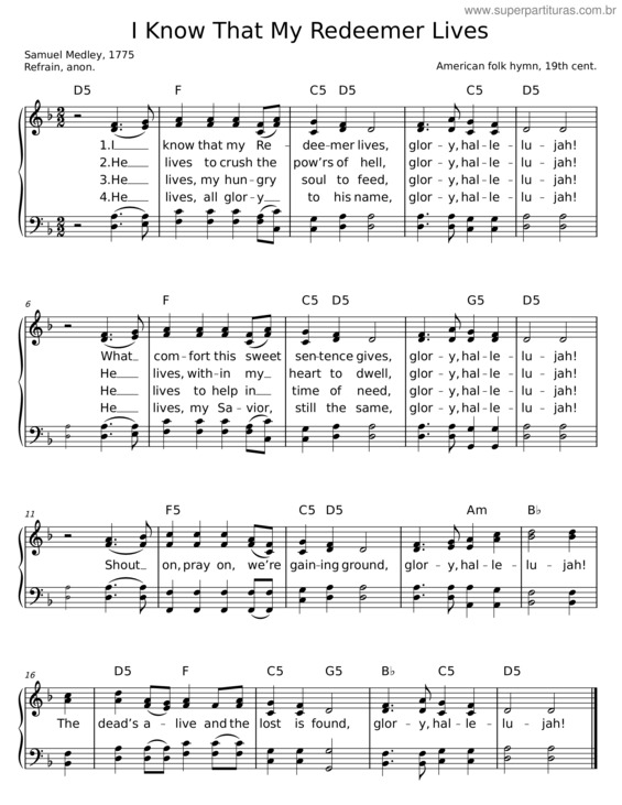 Partitura da música I Know That My Redeemer Lives – Samuel Medley, 1738–1799
