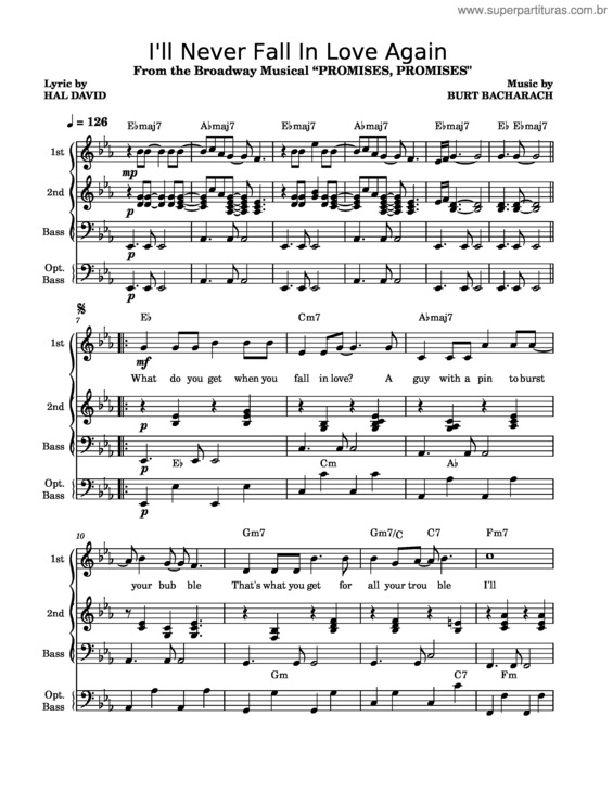 Partitura da música I`Ll Never Fall In Love Again – Bacharach & David, Dionne Warwick, Promises, Promises Musical