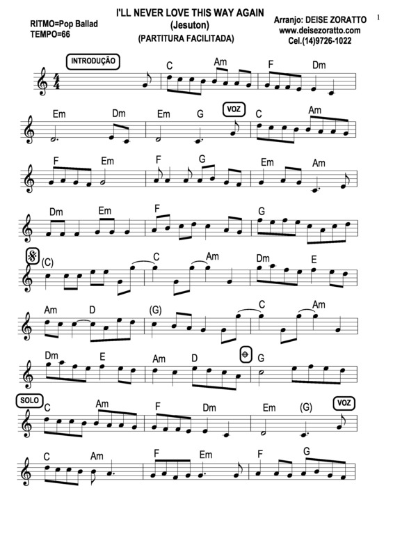 Partitura da música I´ll Never Love This Way Again (facilitada)