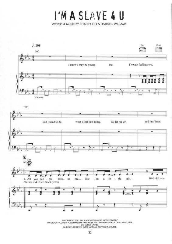 Partitura da música I`m a Slave 4 U