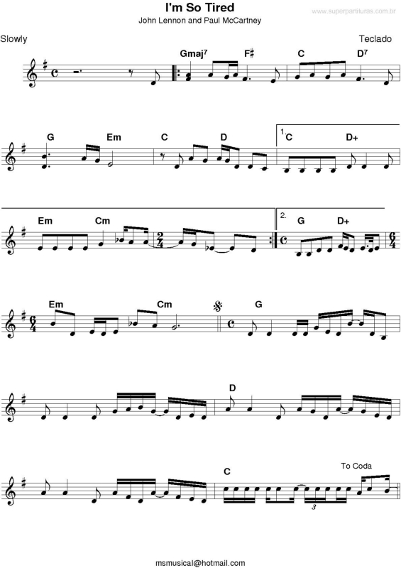 Partitura da música I`m So Tired v.2