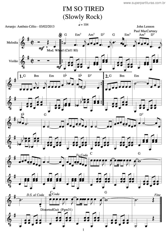 Partitura da música I`M So Tired v.3