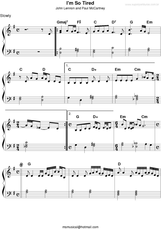 Partitura da música I`m So Tired