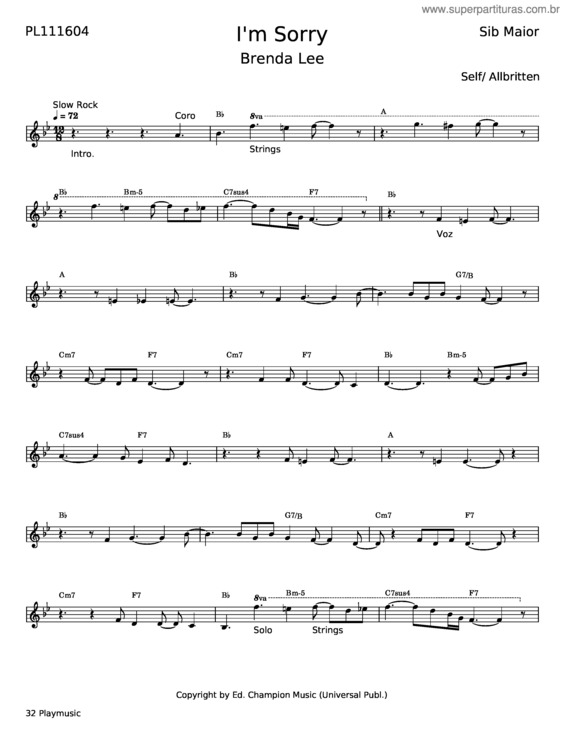 Partitura da música I`M Sorry  – Brenda Lee