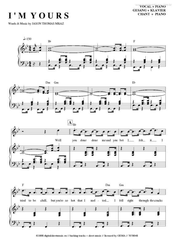 Partitura da música I`m Yours