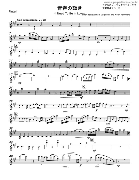 Partitura da música I Need To Be In Love – Carpenters