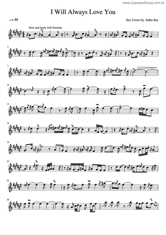 Partitura da música I Will Always Love You – Whitney Houston