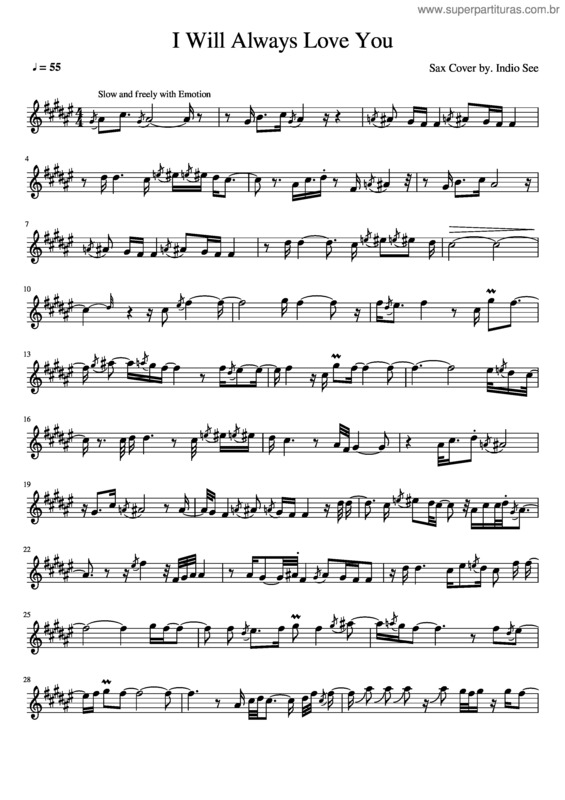 Partitura da música I Will Always Love You_Sax Cover