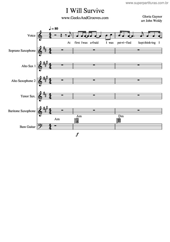 Partitura da música I Will Survive – Gloria Gaynor I Will Survive + Bass + Voice
