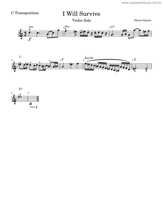 Partitura da música I Will Survive – Gloria Gaynor Violin Solo Transposition