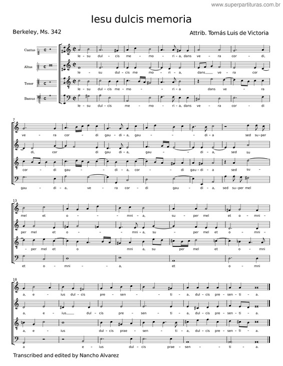 Partitura da música Iesu Dulcis Memoria – Tomás Luis De Victoria