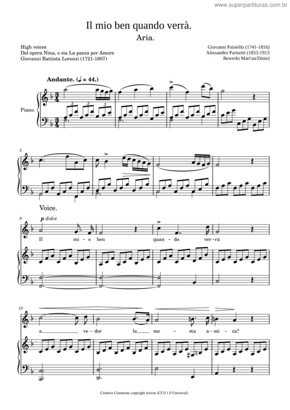 Partitura da música Il Mio Ben Quando Verrà – Giovanni Paisiello Il Mio Ben Quando Verr –Paissiello – Simplified Version