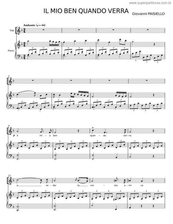 Partitura da música Il Mio Ben Quando Verrà – Giovanni Paisiello