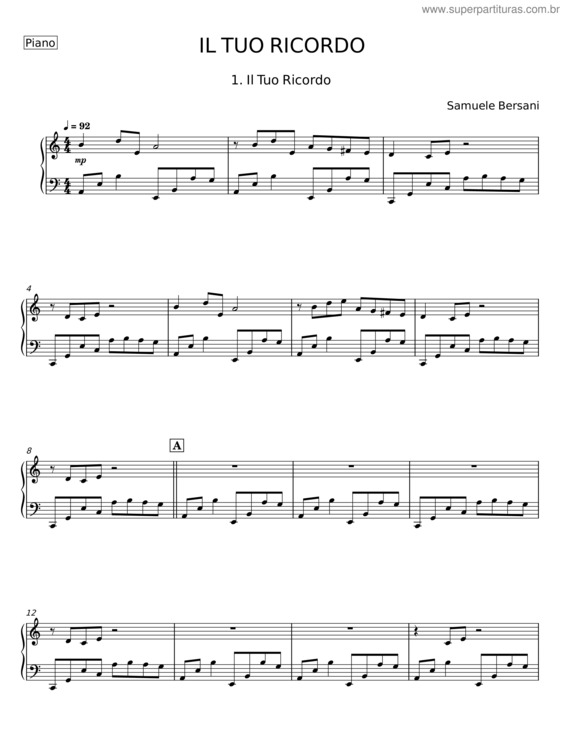 Partitura da música Il Tuo Ricordo – Samuele Bersani