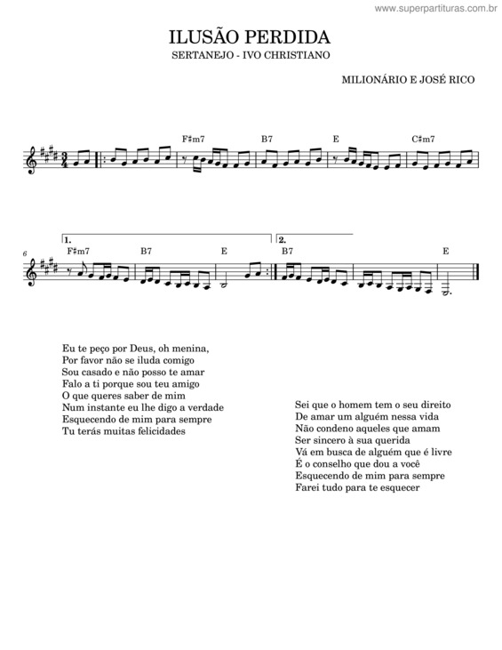 Partitura da música Ilusão Perdida – Milionário E José Rico