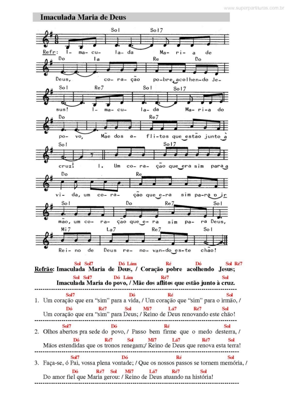 Partitura da música Imaculada Maria de Deus