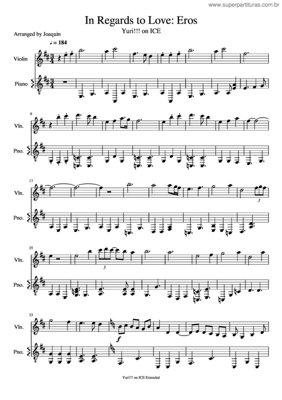 Partitura da música In Regards To Love Eros Yuri On Ice Violin Duet Piano Accompaniment