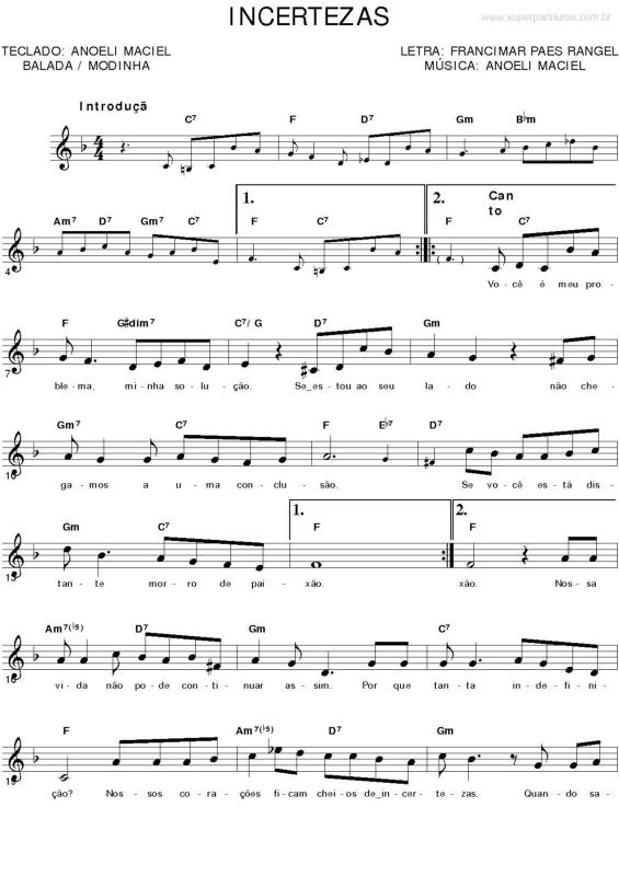 Partitura da música Incertezas