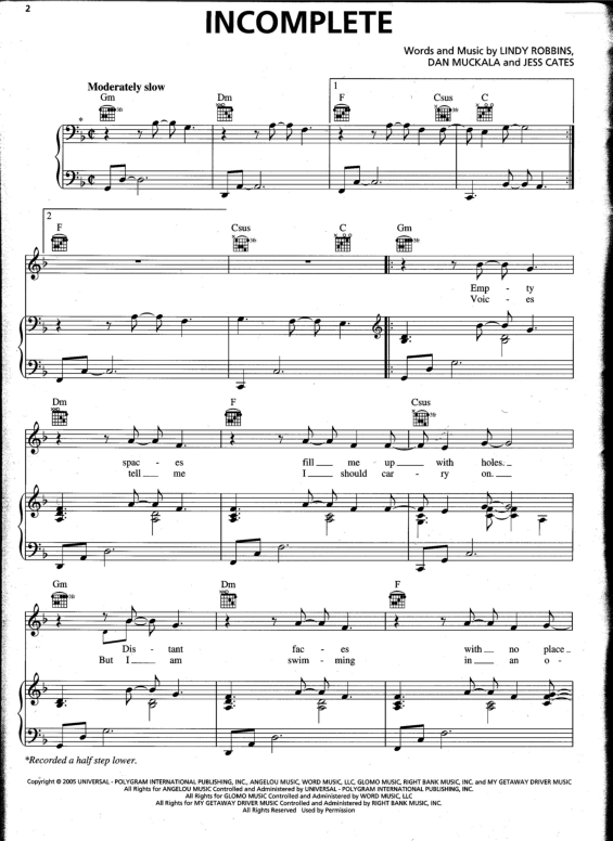 Partitura da música Incomplete