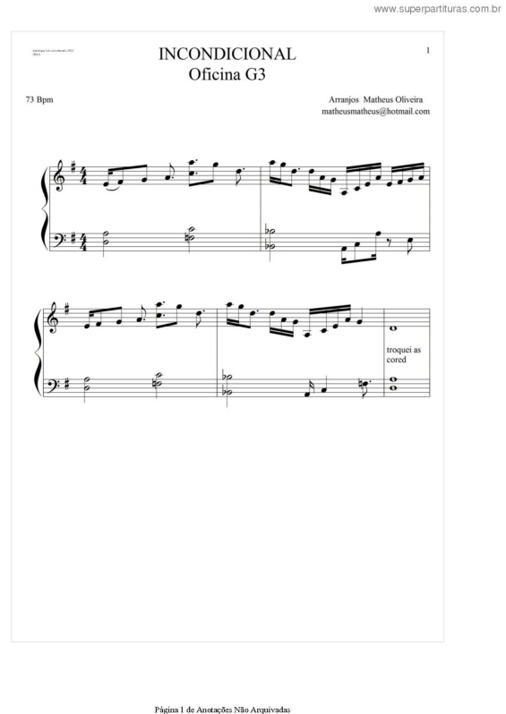 Partitura da música Incondicional