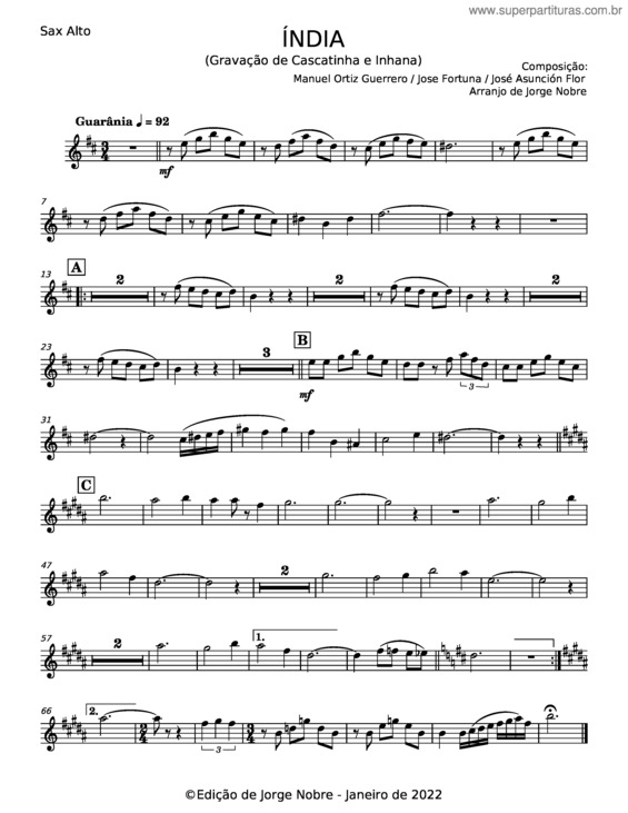 Partitura da música India – Cascatinha & Inhana