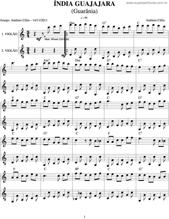 Partitura da música Índia Guajajara