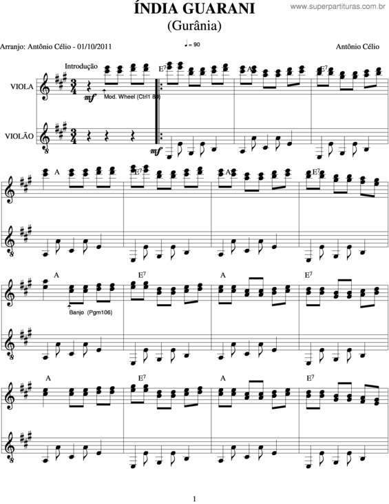 Partitura da música Índia Guarani