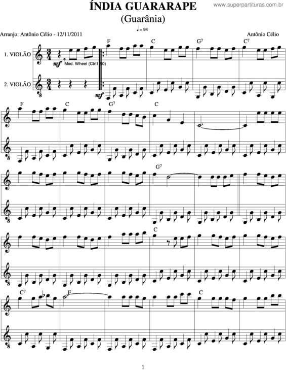 Partitura da música Índia Guararape