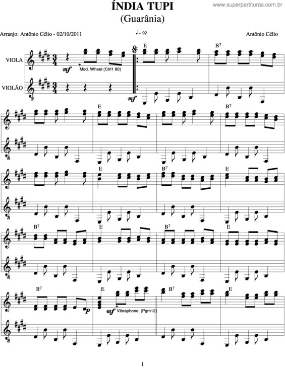 Partitura da música Índia Tupi 