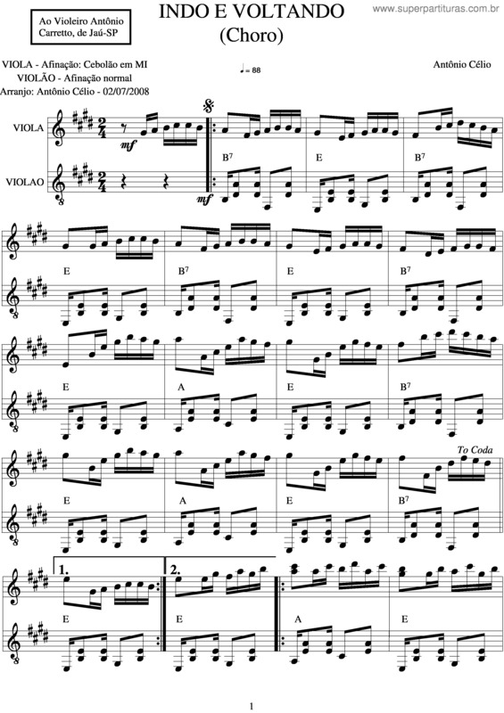 Partitura da música Indo E Voltando