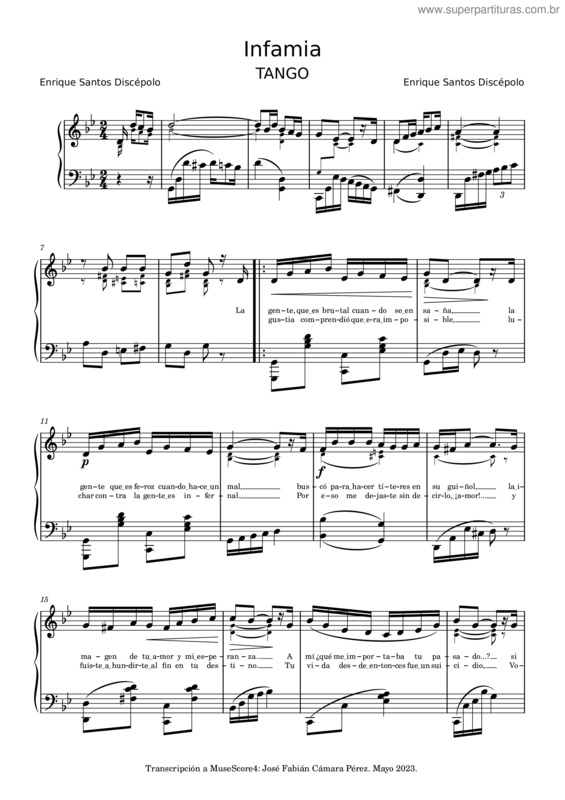 Partitura da música Infamia – Enrique Santos Discépolo