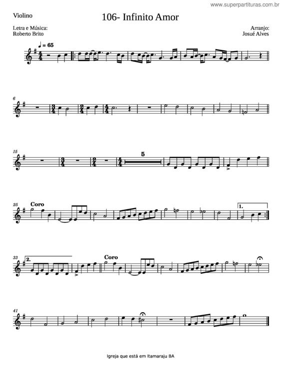 Partitura da música Infinito Amor – Roberto Brito