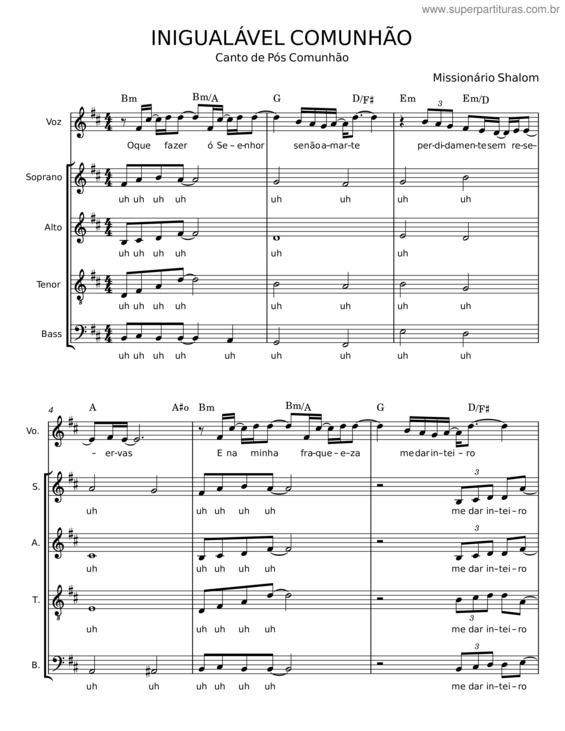 Partitura da música Inigualável Comunhão – Missionário Shalom