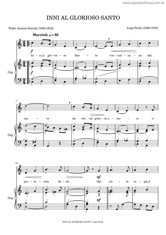 Partitura da música Inni Al Glorioso Santo Luigi Picchi