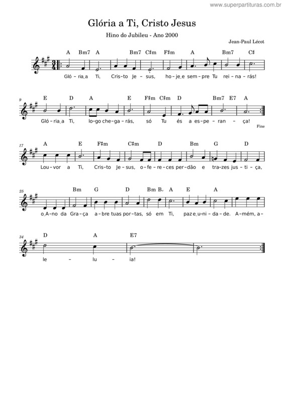 Partitura da música Inno Del Giubileo – Unknown Glória A Ti, Cristo Jesus – Jean–Paul Lécot