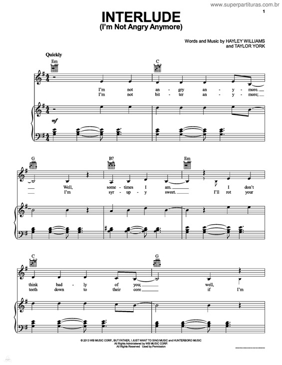 Partitura da música Interlude (I`m Not Angry Anymore)