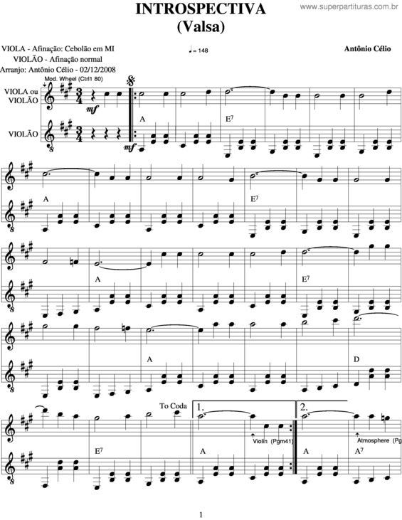 Partitura da música Introspectiva