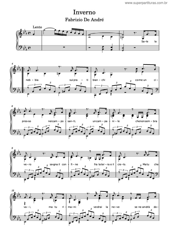 Partitura da música Inverno – Fabrizio De André