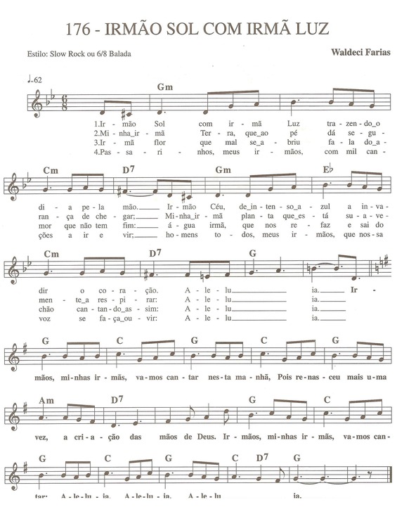 Partitura da música Irmão Sol com Irmã Luz