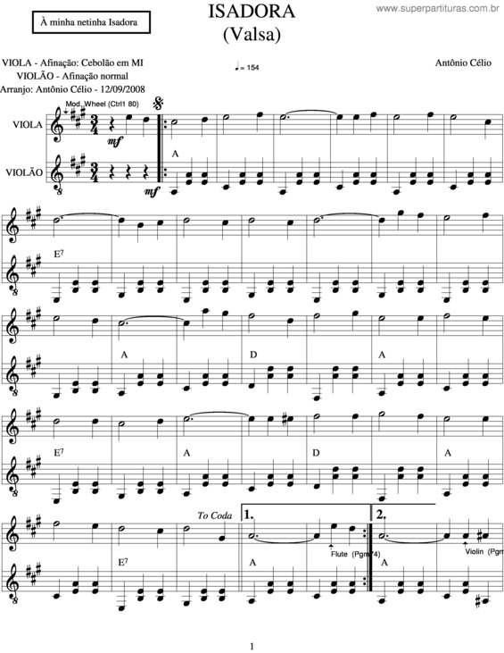 Partitura da música Isadora v.4