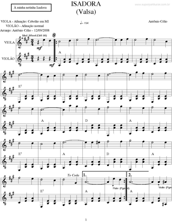 Partitura da música Isadora