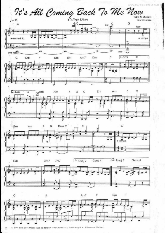 Partitura da música It`s All Coming Back To Me Now