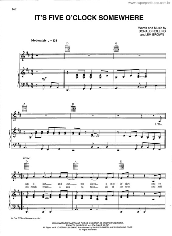 Partitura da música It`s Five O`Clock Somewhere v.2