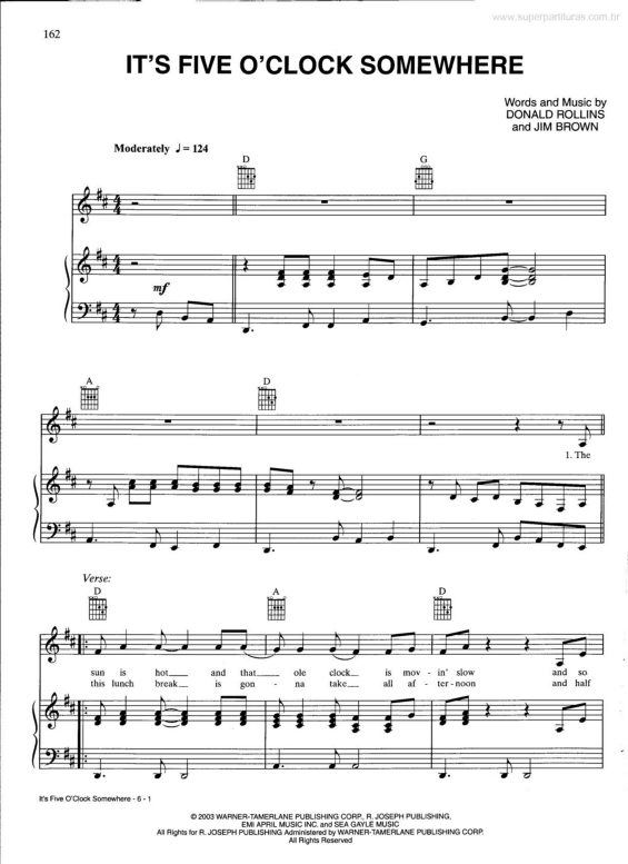 Partitura da música It`s Five O`Clock Somewhere