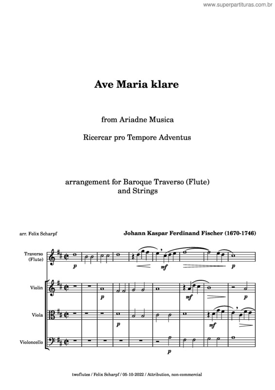 Partitura da música J. K. Ferdinand Fischer – Ave Maria Klare From Ariadne Musica – Arr. For Flute And Strings